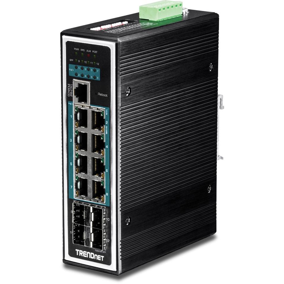 Switch com Trilho DIN gerenciado camada 2+ PoE+ Gigabit industrial endurecido de 12 portas TI-PG1284i (v1.