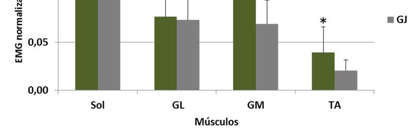 Os valores de compartilhamento de torque e EMG normalizado dos quatro músculos estudados não apresentaram diferenças estatisticamente significativas (P> 0,05) entre os grupos, em cada intensidade,