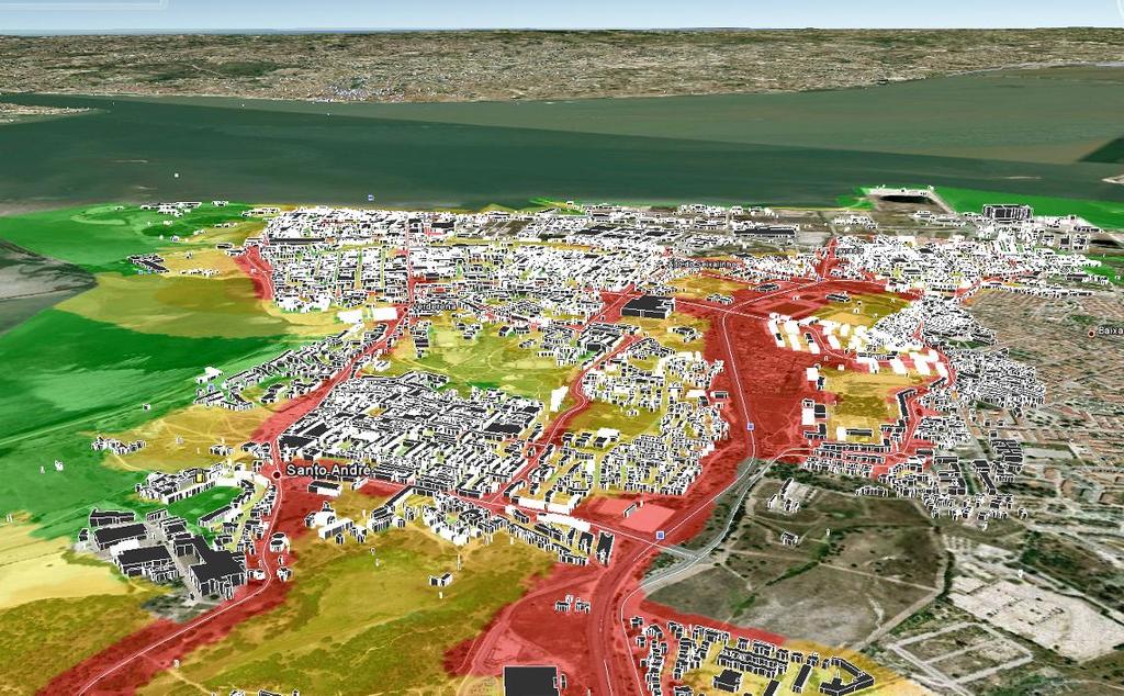 Fig. 2- Visualização 3D da zona norte do concelho Ruído particular rodoviário - Ln A observação do Mapa de Ruído do Barreiro permite desde já concluir que o tráfego rodoviário constitui a fonte de