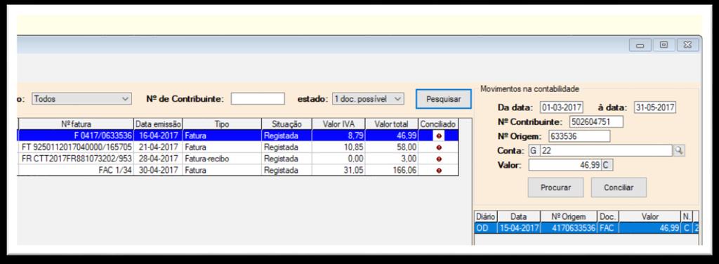 Vejamos um exemplo: Na janela em baixo vemos uma fatura que foi registada na contabilidade com um número e uma data diferentes dos registados no portal e-fatura mas cujo contribuinte e o valor são