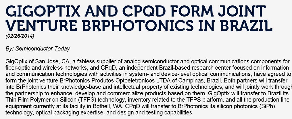 Fotônica Avançada A BrP fornece dispositivos optoeletrônicos para transceptores e sistemas