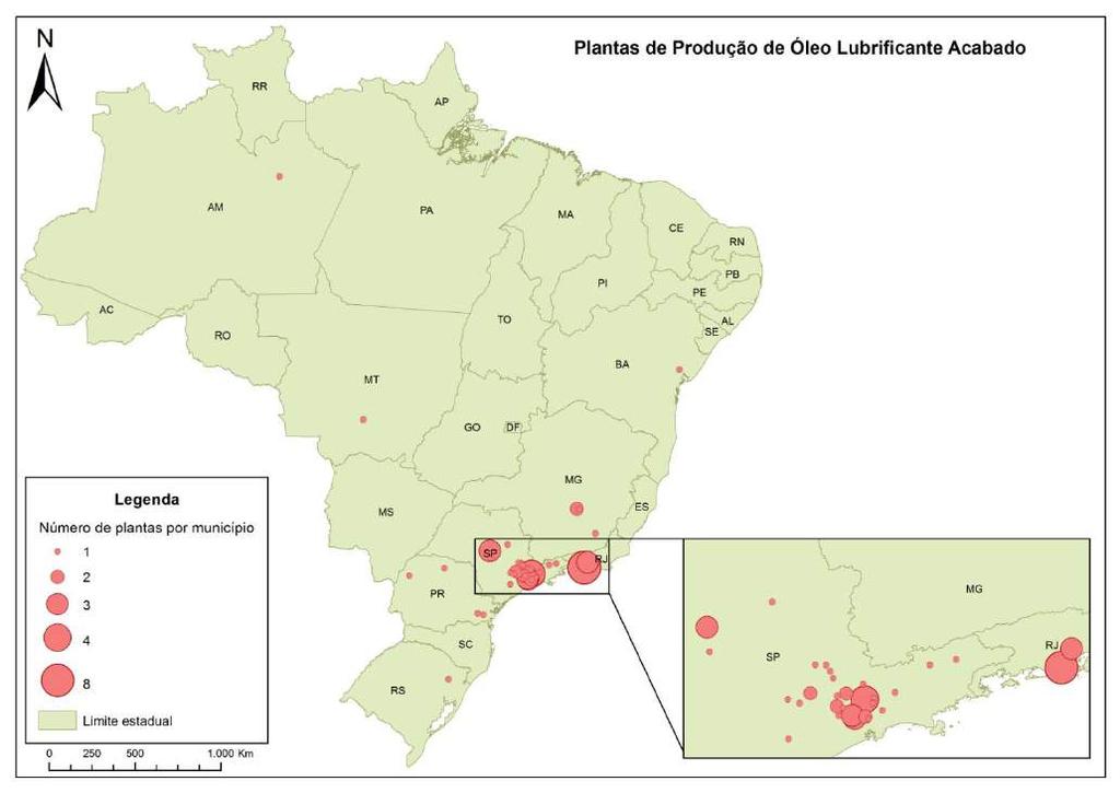 Boletim de Lubrificantes - Ano 1 / n 1 / Janeiro 2017 PRODUÇÃO - VENDAS Instalações produtoras de óleo lubrificante acabado UF Plantas AM 1 BA 1 MG 4 MT 1 PR 4 RJ 11 RS 1 SP 41