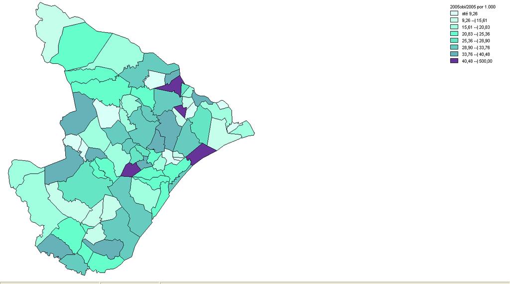 A.D. Santos et al., Scientia Plena 6, 059901 (2010) 5 Gráfico 3 Distribuição Geográfica por município dos Coeficientes de Mortalidade Infantil no Estado de Sergipe, 2005.