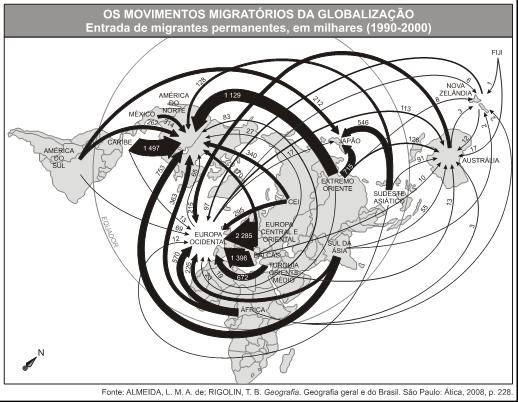 7) (Upf) Com base em seus conhecimentos e utilizando o mapa que mostra os fluxos migratórios do mundo no período de 1990 a 2000, avalie as afirmativas abaixo e marque V para verdadeiras e F para