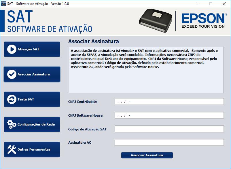 Associar Assinatura do SAT Esta função irá vincular o equipamento com o aplicativo comercial.