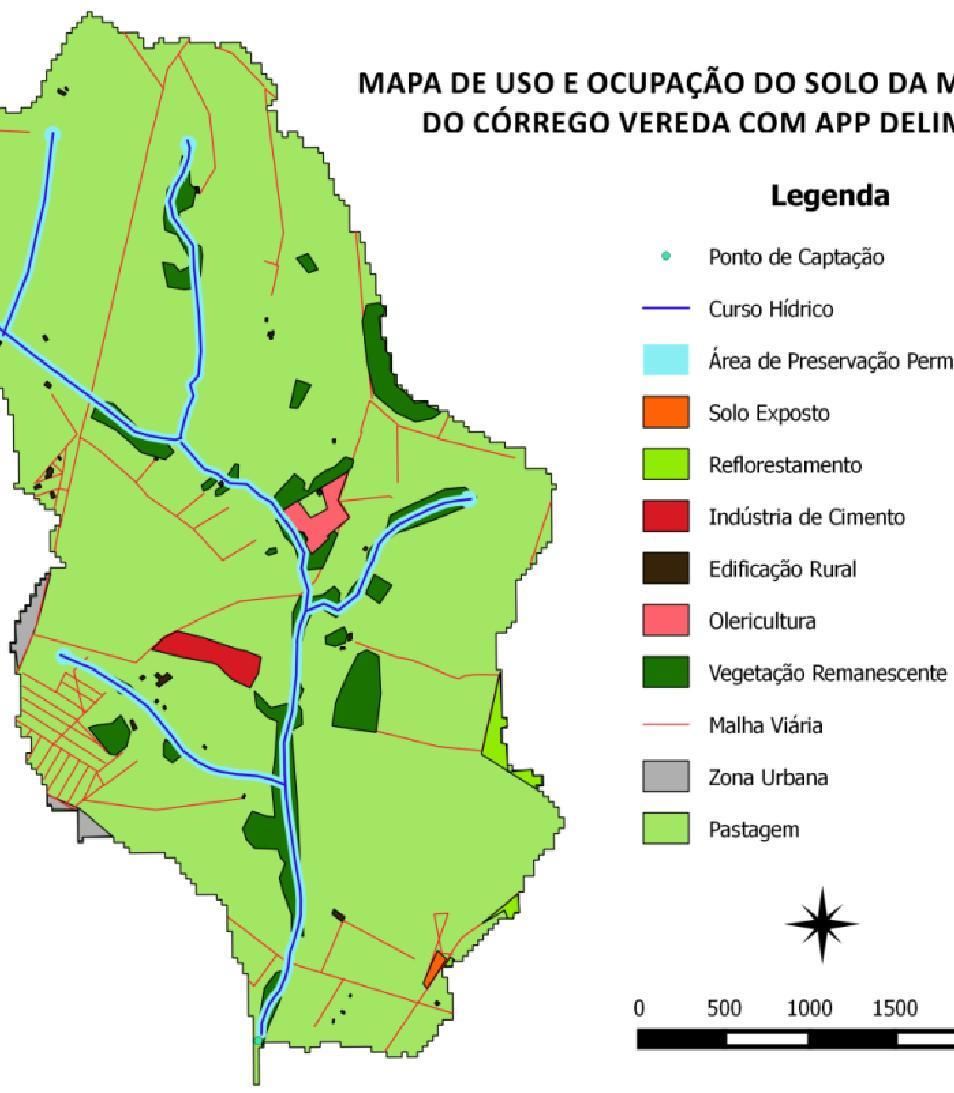 Figura 13. Mapa de uso e ocupação do solo da microbacia do Córrego Vereda com APP delimitada em 30 metros das margens e 50 metros das nascentes. Tabela 6.