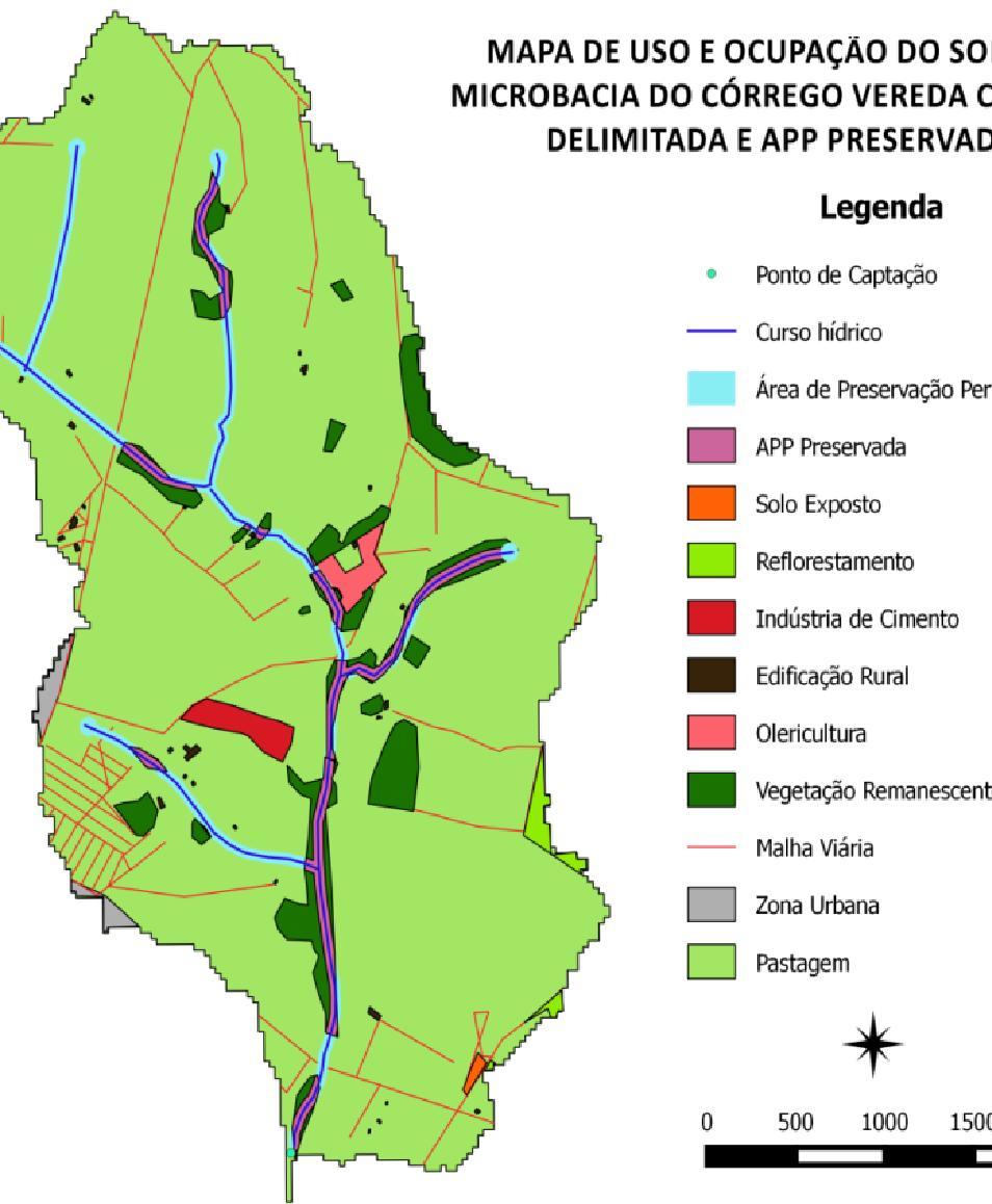 Figura 14. Mapa de uso e ocupação do solo da microbacia do Ribeirão Dourados com APP delimitada em 30 metros das margens e 50 metros das nascentes com destaque da APP preservada. Figura 15.