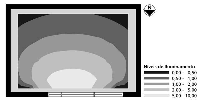 Figura 205 Simulação da distribuição da iluminação natural no interior do dormitório da frente Para a simulação foram adotados os valores abaixo.