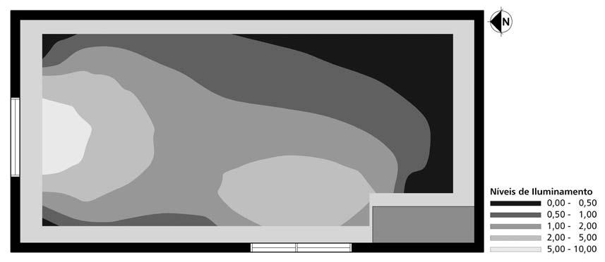 8.2.4.4 Sala/cozinha Na Figura 206 pode-se verificar o resultado obtido com a simulação no programa Daylight para a distribuição da luminosidade na sala/cozinha atual.