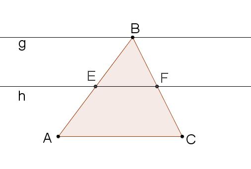 Traçando pelo vértice B ma reta paralela à reta qe passa pelos pontos E e F e sendo paralela ao lado AC, podemos considerar três retas paralelas e das transversais.