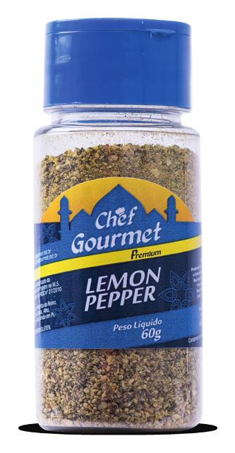 Lemon Pepper - 60 g Cód. 7895098605304 É um delicioso tempero preparado à base de pimenta-do-reino e raspas de limão siciliano. Pode ser usado em frutos do mar, carnes brancas e carnes vermelhas.
