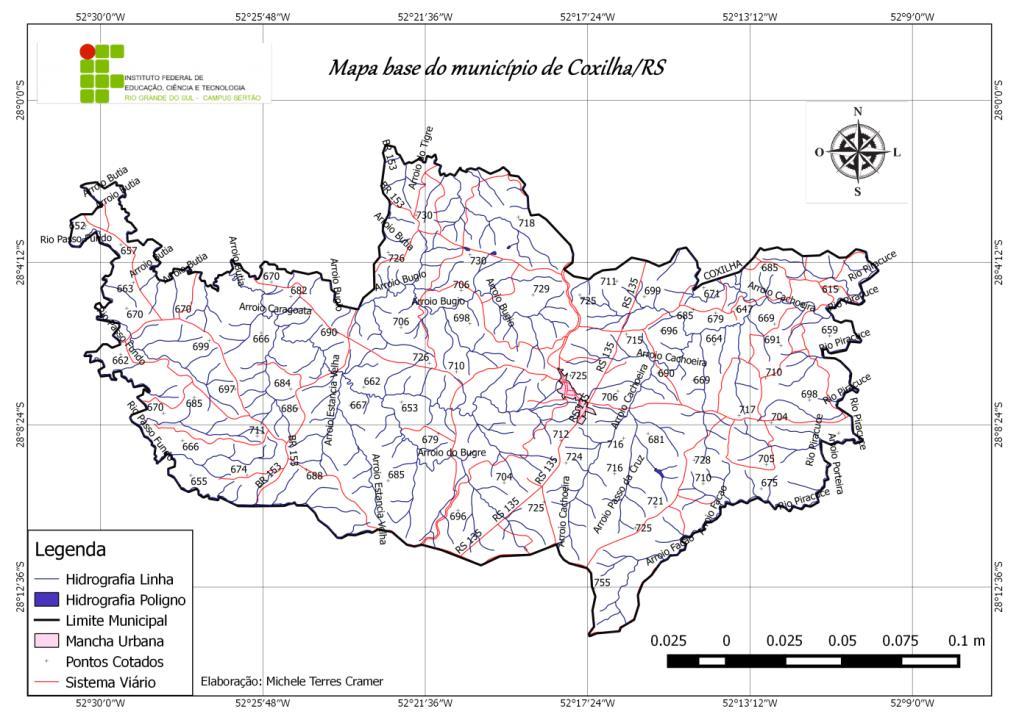 Figura.03 - Mapa base do município de Coxilha/RS. Sendo assim, após a elaboração do mapa base conseguiu-se dar continuidade para a elaboração dos outros mapas.
