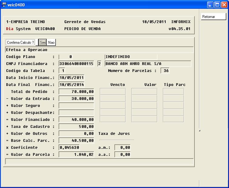 Vendedor de Veículos Capitulo 02 Quando o financiamento ou leasing for da própria concessionária e houver cadastro da tabela da F&I no sistema, irá abrir a seguinte tela para o calculo das