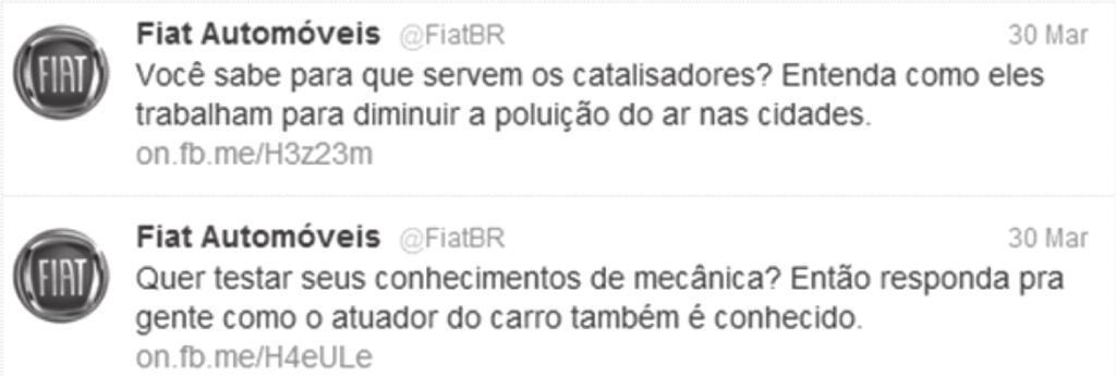 64 As marcas no twitter: uma análise de perfis e repercussão de empresas no microblog Figura 05 Tweets do perfil @FiatBR Os percentuais relacionados a cada unidade de conteúdo podem ser observados no