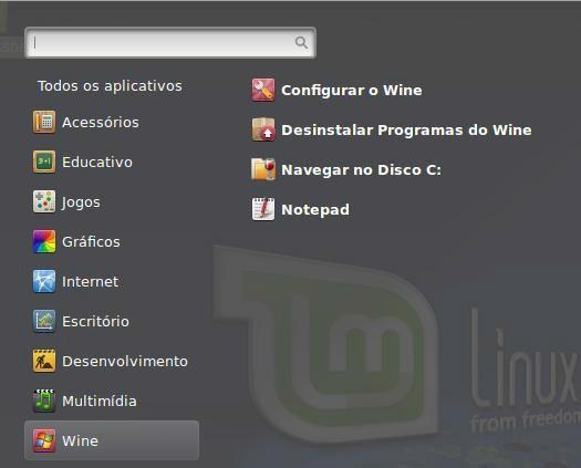 Clique no Menumint e verifique se o programa Wine já aparece entre os programas instalados no sistema.