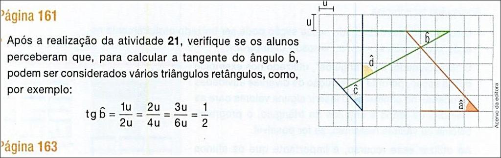 A primeira consiste em calcular o valor da tangente dos ângulos indicados, conforme a imagem a seguir: Figura 25 - TAREFA CALCULAR A TANGENTE Fonte: Vontade de saber Matemática, 2013, p.