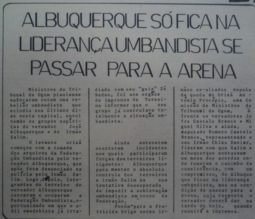 104 Figura 8- Matéria envolvendo Umbanda e partidos políticos 235 A narrativa dos acontecimentos e o tom jocoso usado pelo jornalista, que infelizmente não aparece identificado, apresenta a