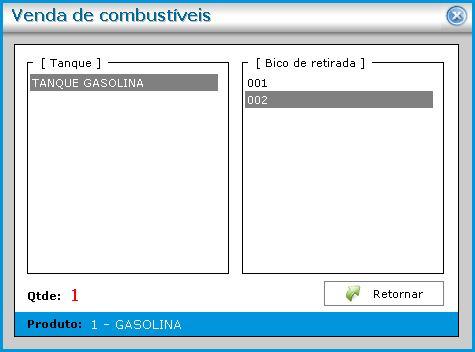 5. Em seguida será apresentada uma tela para que o usuário indique de qual tanque e bico está sendo retirado este combustível. 6. Em seguida a venda é registrada. 7.