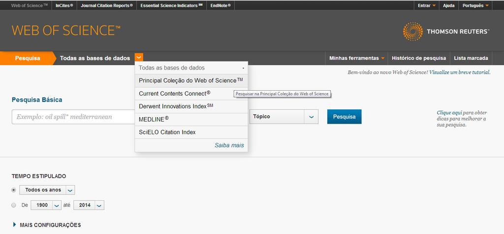 Web of Science Nesta janela é possível seleccionar uma única base de dados onde pesquisar.