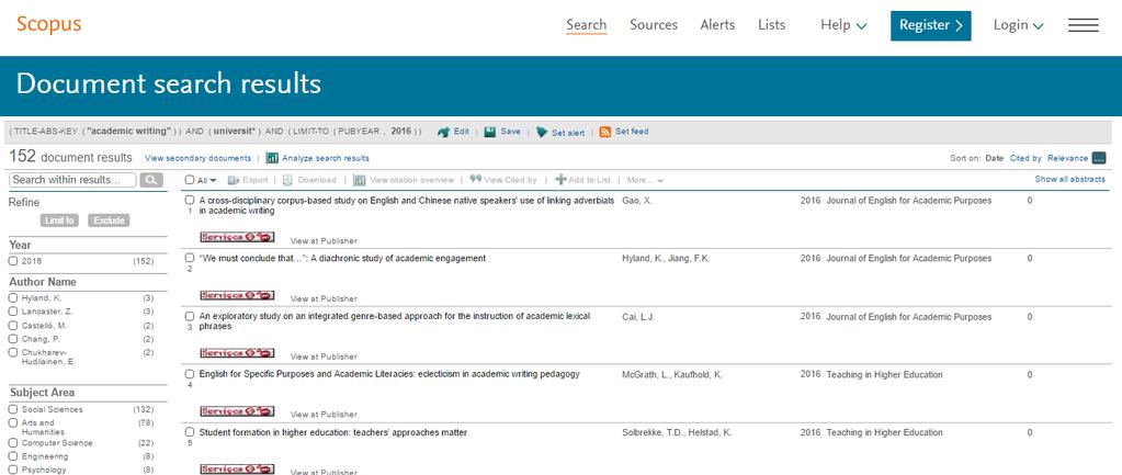 Scopus Opções para refinar os resultados obtidos Opções de visualização dos