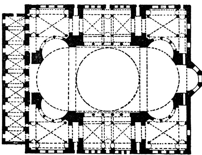 Basílica de Santa Sofia Em planta, compõe-se de um vasto retângulo, medindo aproximadamente 100m x 70m, com um nártex (ou pórtico) à