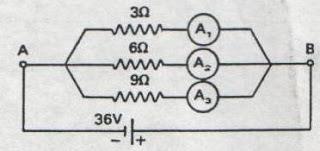36) Quais as leituras dos amperímetros no circuito abaixo?