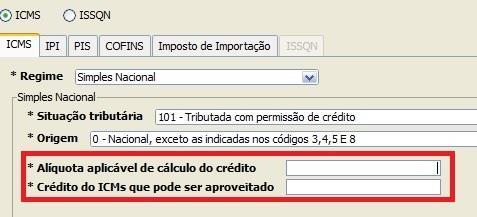 SIMPLES NACIONAL INFORMAÇÃO A SER PRESTADA NA NF-E Na hipótese de emissão de NF-e, o valor correspondente ao crédito e à alíquota do ICMS prevista na tabela do Simples