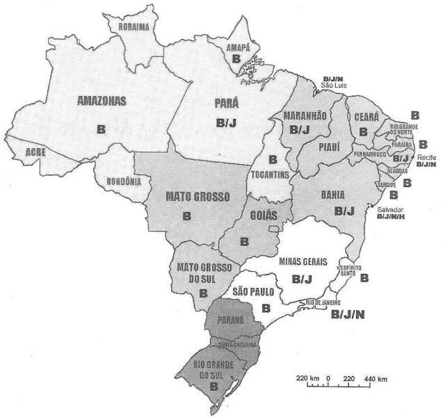 Fig. 1 Mapa da presença africana no Brasil. Fonte: CASTRO. Falares africanos na Bahia: um vocabulário afro-brasileiro, p. 47.