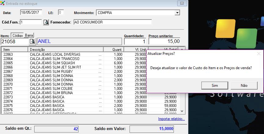 Aparecerá uma tela de confirmação, onde você vai escolher se deve atualizar o preço de custo do