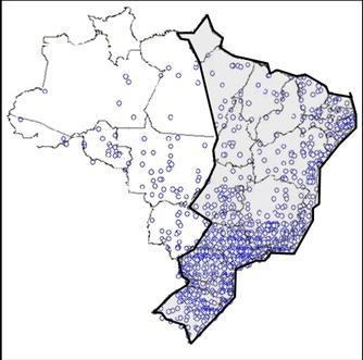 Figura 5. Localização no mapa do Brasil das respostas obtidas para o questionário HO on-line e com coordenadas de latitude e longitude.