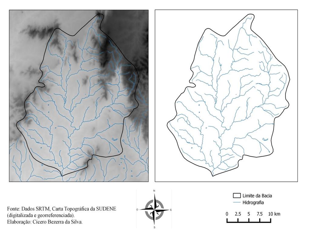 Mapa 02: Delimitação da Bacia Baseada em Perfil Altimétricos (esquerda) e Resultado da Delimitação (direita).