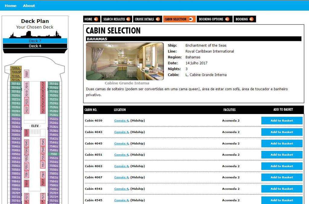 Seleção Cabines. A planta de convés é exibida com os números das cabines disponíveis, destacadas por uma caixa vermelha piscando.