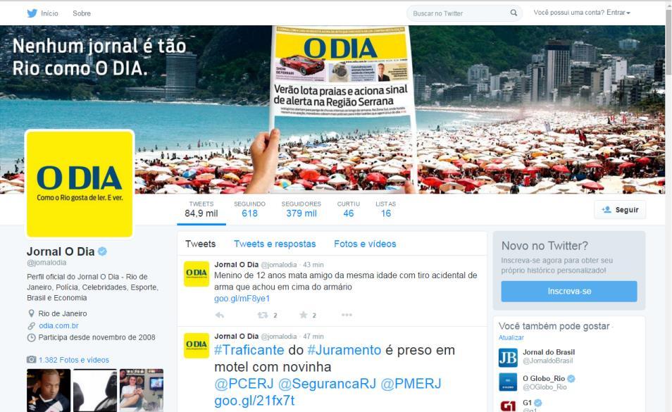 PERFIL A página do twitter do Jornal O DIA foi criada em novembro de 2008.