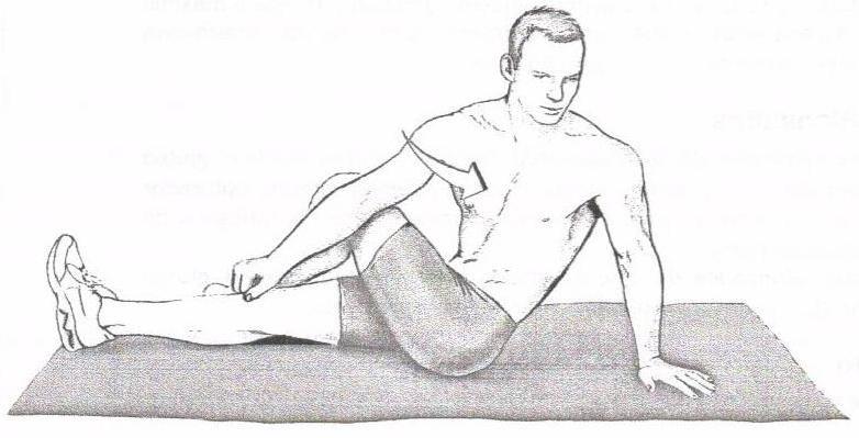Figura 2- ilustração de um posicionamento de alongamento do m. piriforme, com o indivíduo sentado, retirada do livro Nelson AG, Kokkonen J. Anatomia do alongamento. 1ª ed. Monele, Barueri SP. 2007.