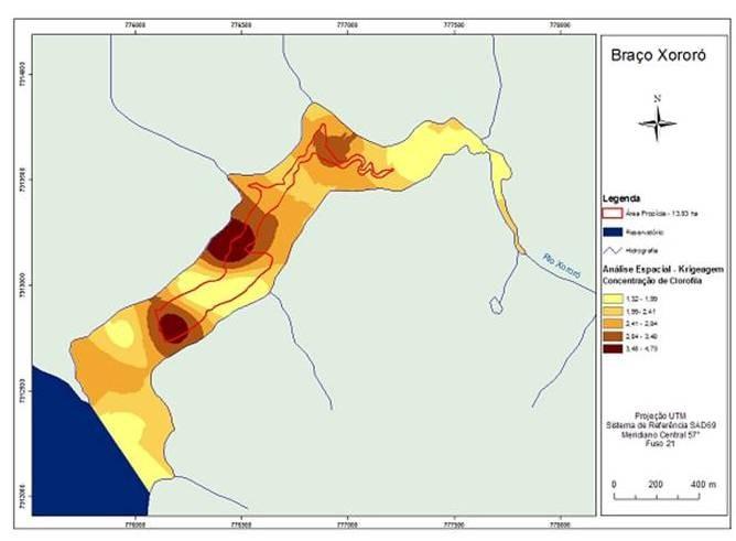 Figura 3 - Exemplo hipotético da variação espacial da concentração de clorofila a, em um braço do Reservatório de Itaipu. Fonte: Itaipu Binacional (revisores, projeto Águas e Conhecimento, 20