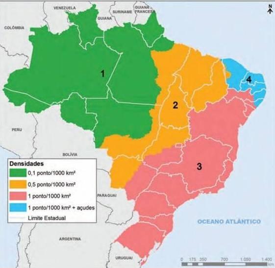 Figura 5 - Regiões da Rede Nacional de Monitoramento da Qualidade da Água (RNMQA) segundo as metas e a densidade do monitoramento nas regiões hidrográficas.