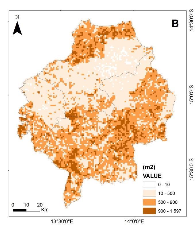 Figura 3.23. Área alterada por célula de 100 hectares entre 1990-2000 (A) e entre 2000-2010 (B) pôr na figura as unidades e o período a que corresponde.