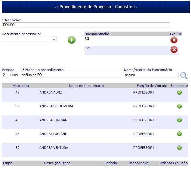 Nesta tela é feito o cadastro do procedimento padrão, que todos os processos deste tipo deverá ser seguidos.