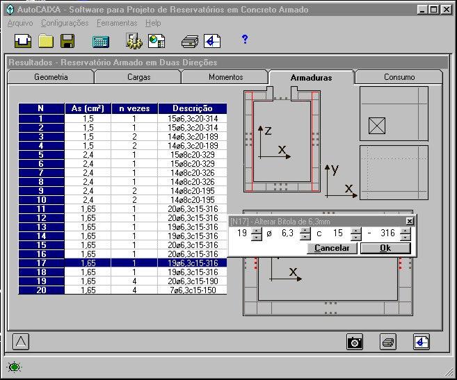 Alterando as posições de armadura: O AutoCAIXA calcula automaticamente as posições de armadura para as respectivas áreas de aço.