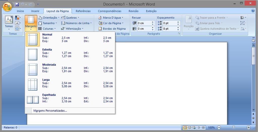 Na guia Layout de Página, no grupo Configurar Página, clique em Margens. 2. Clique no tipo de margem desejado.
