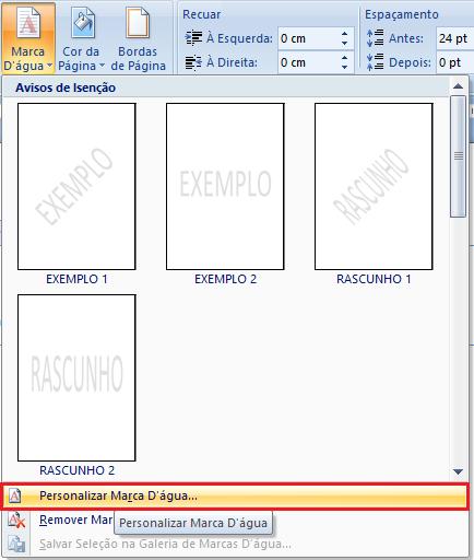 2. Clique em Marca d'água Personalizada 3. Clique em Marca d'água de Texto e, em seguida, selecione ou digite o texto que deseja.