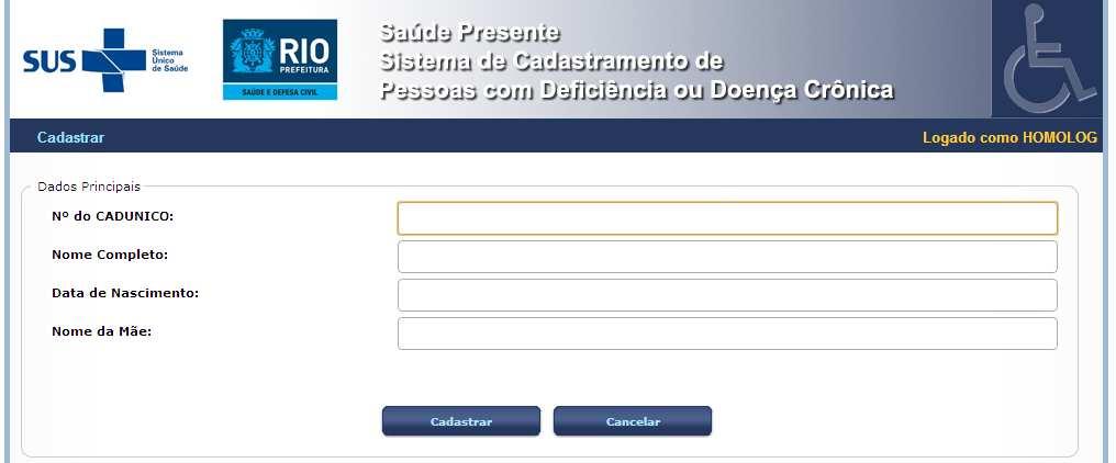 3.1)1. Cadastrar Para cadastrar uma PCD é necessário preencher os dados principais: código (CAD Único), nome completo do usuário, data de nascimento e nome da mãe.