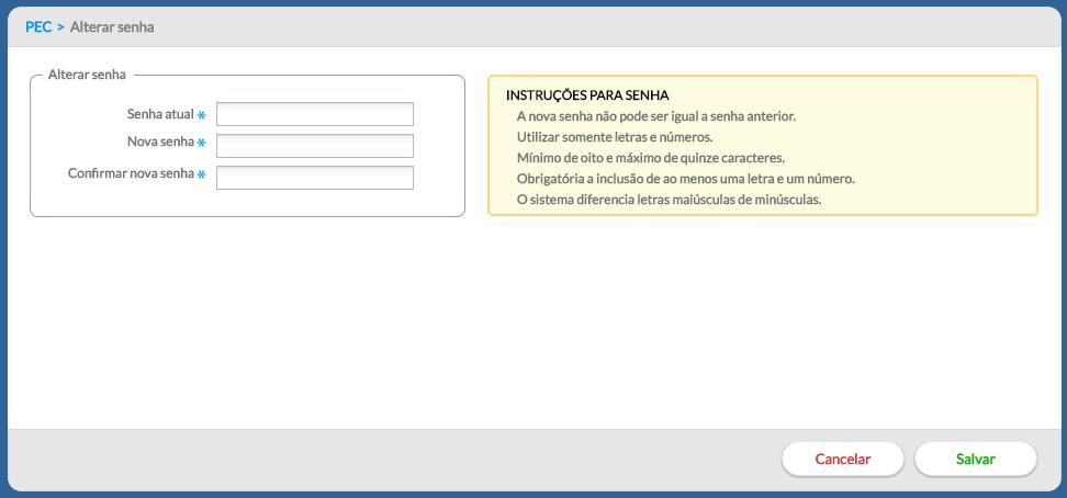 O controle da senha é pessoal, iniciada no sistema por padrão com o CNS do profissional. Ao realizar acesso ao sistema pela primeira vez, será solicitado ao usuário que altere sua senha. 1.3.