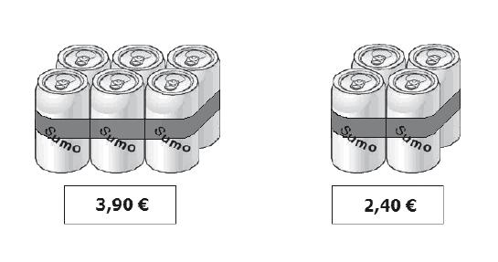 3. No supermercado, uma embalagem com seis latas de sumo custa 3,90 euros e uma embalagem com quatro latas de sumo custa 2,40 euros.