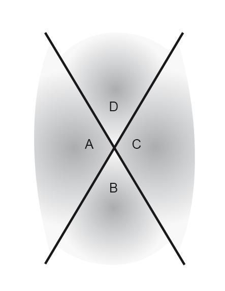 17. Na figura seguinte, as duas retas concorrentes formam quatro ângulos. Cada ângulo está representado por uma letra, A, B, C e D.