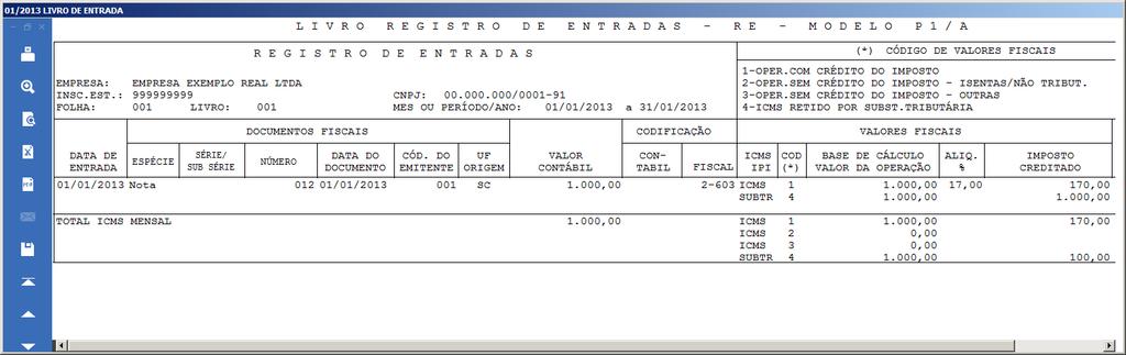 2.4.3.2. Livros Fiscais - Registro de Entradas No menu Relatórios submenu Livros opção Livros Fiscais no Registro de Entradas os valores dos impostos 9-SUBTRI e 31-ST/AT serão demonstrados conforme