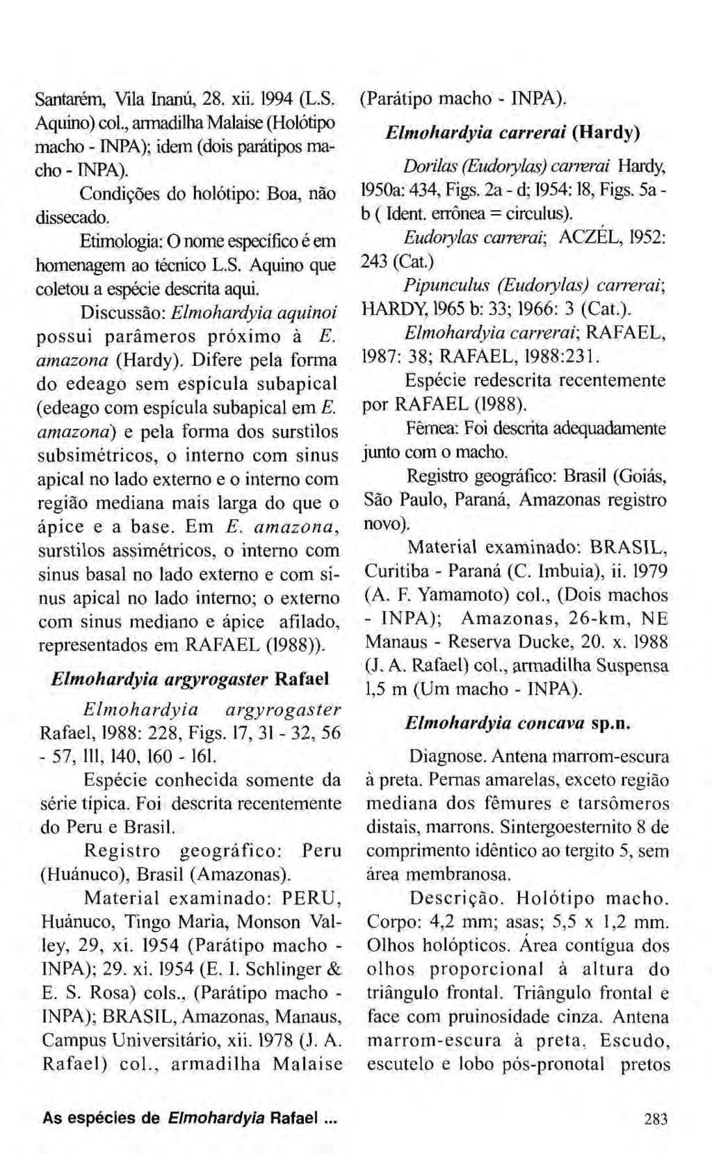 Santarém, Vila Inanú, 28. xii. 1994 (L.S. Aquino) col., armadilha Malaise (Holótipo macho - INPA); idem (dois paratipos macho - INPA). Condições do holótipo: Boa, não dissecado.
