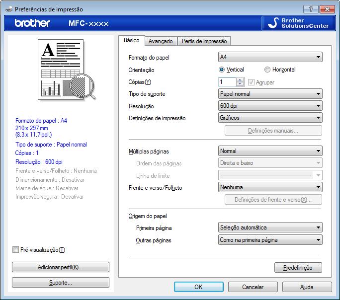 3 Imprimir 6 Selecione Brother MFC-XXXX series (em que XXXX é o nome do seu modelo) e clique no botão de propriedades ou preferências de impressão.