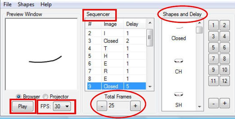 6.3 Criação de sequências de imagens Depois de importar ficheiro de áudio, o utilizador deverá criar a sequência de imagens na área Sequencer (Figura 13), usando as funções disponíveis em Shapes and