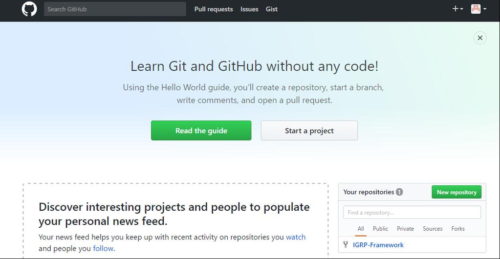 5. Quando o Forking do IGRP-Framework terminar, pode voltar para a página inicial do GitHub e verificar que o projeto foi copiado para o seu repositório.